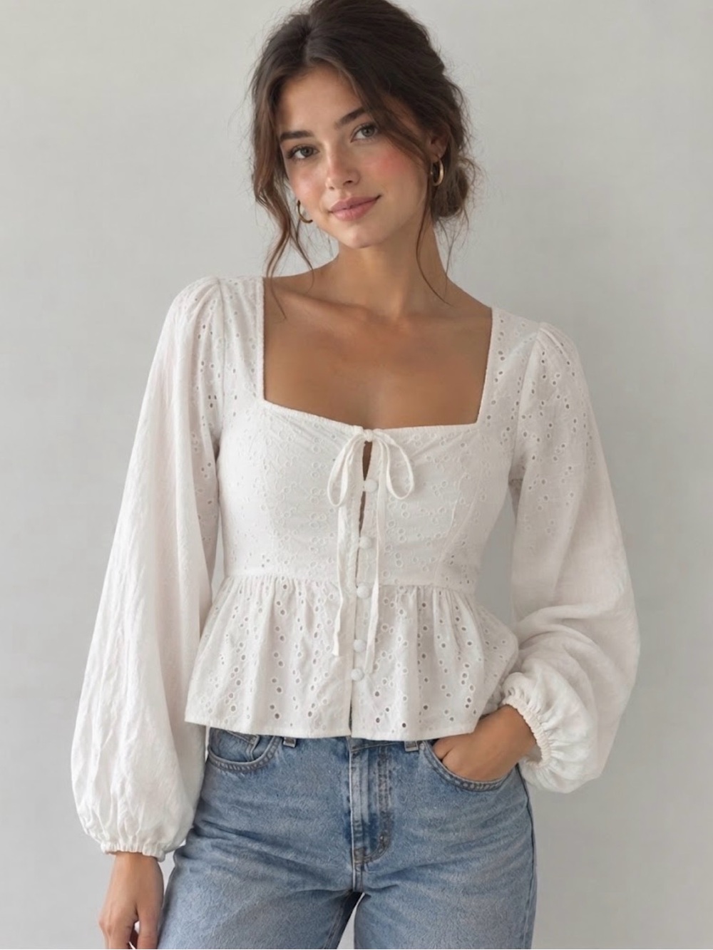 aerie White Eyelet Tie-Front Peplum Blouse